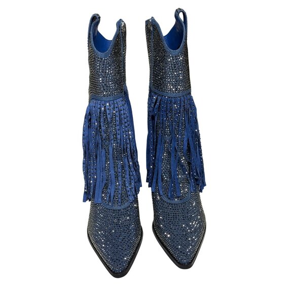 NWT Azalea Wang Rhinestone Fringe Denim Western Boots Blue Cowgirl Glam - Picture 3 of 11